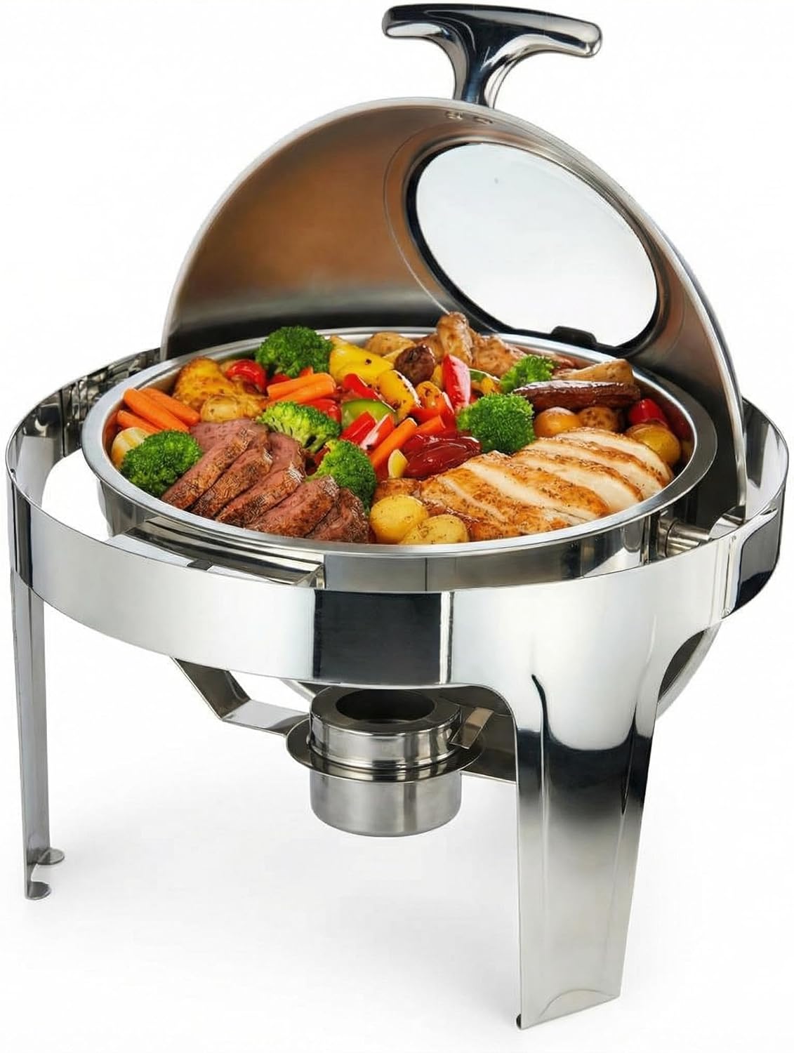 Roll Up Chafing Dishes for Buffet, 6.3 QT Round Stainless Steel Chafers and Buffet Warmers with 1 Full Size Food Pan, Water Pan & Fuel Holder for Party Catering Wedding
