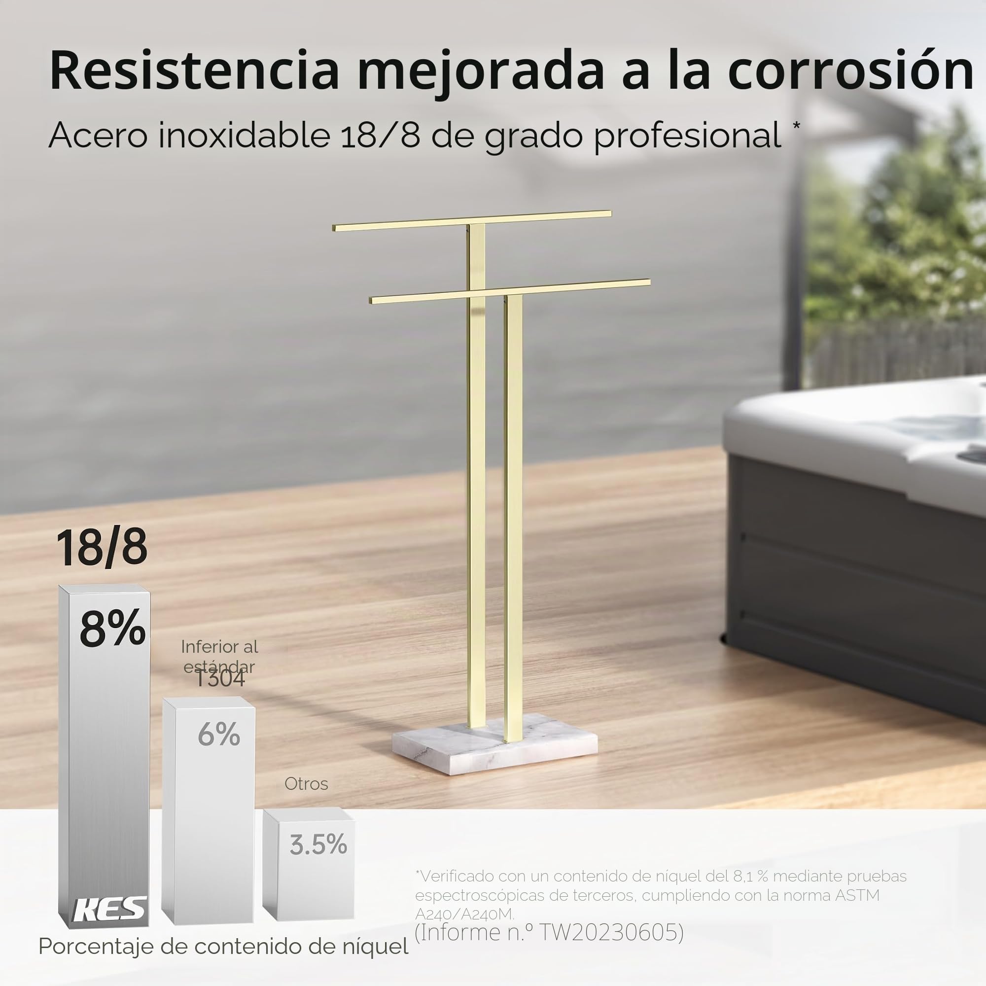 KES Toallero de Pie en Oro, Toallero Independiente con 2 Brazos, Toallero de Acero Inoxidable SUS304, Base de mármol, BTH217-BZ
