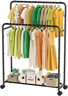 Simple Trending Clothing Clothes Rack Double Rods with Wheels, Rolling Metal Garment Rack for