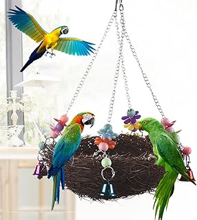 Natural Rattan Winter Warm Nest Medium Large Bird Swing with Bells for Parrot Parakeet Cockatiel Conure Cockatoo Macaw Amazon African Grey Lovebird Finch Canary Budgie Cage Perch Toy