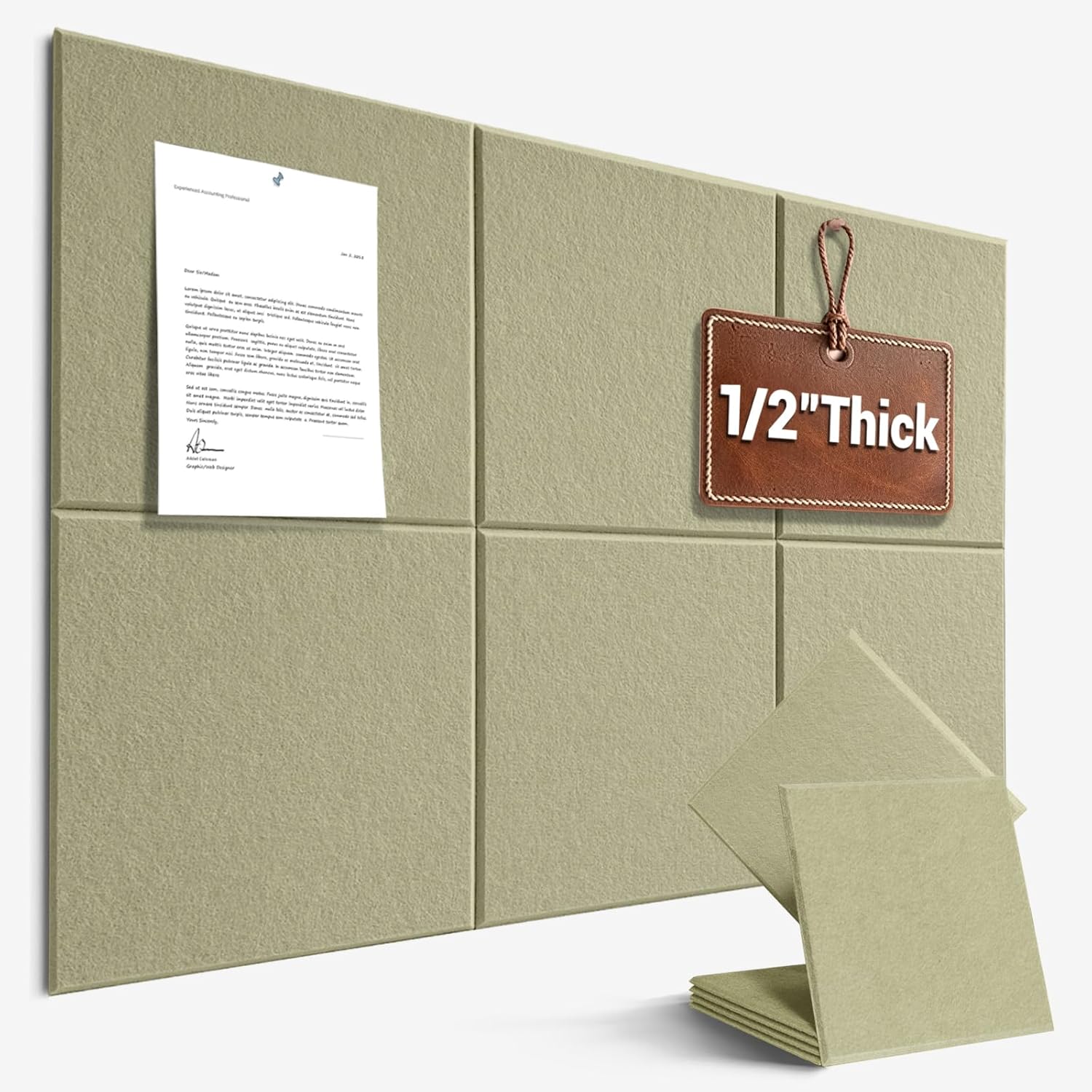 Large Cork Board for Office Wall Decor,36"x24"-6 Pack Felt Wall Tiles with Safe Removable Adhesive Tabs, 1/2" Thick, Felt Bulletin Board Pin Board Cork Boards for Walls - Sage Green