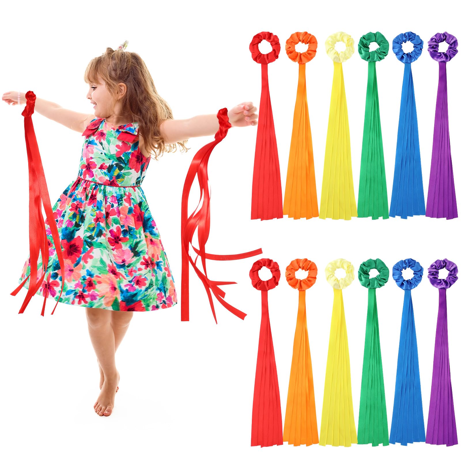 VioraWhite 12 Pcs Rainbow Dance Ribbons for Kids Rainbow Rhythm Ribbons Elastic Wrist Streamers Hand Held Rhythm Streamers Gymnastics Dance Party Props for Adult Decor (0.8 x 19.7 Inch