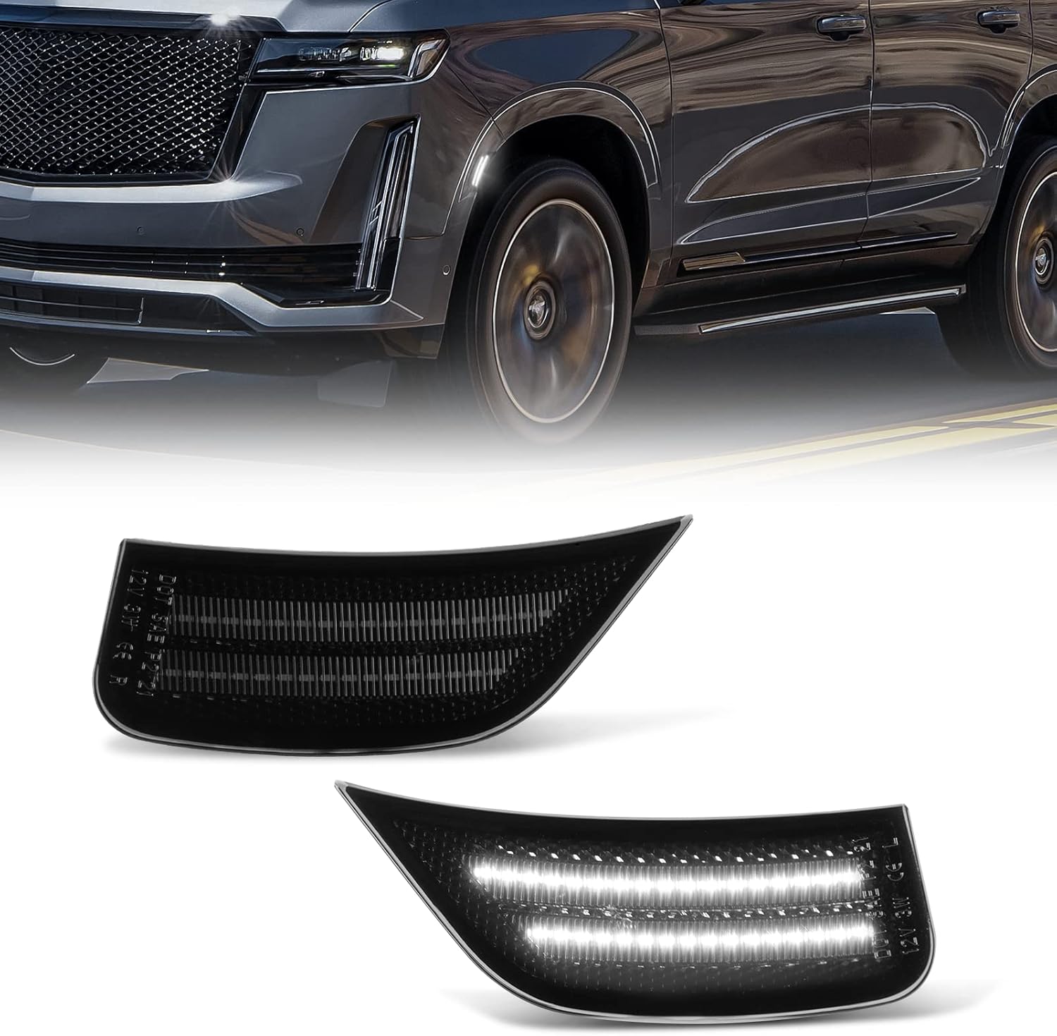 Gempro LED Side Marker Lights for 2021-2024 Yukon XL Denali Tahoe Suburban Escalade ESV Turn Signal Lamps Smoked Lens, 2PCS