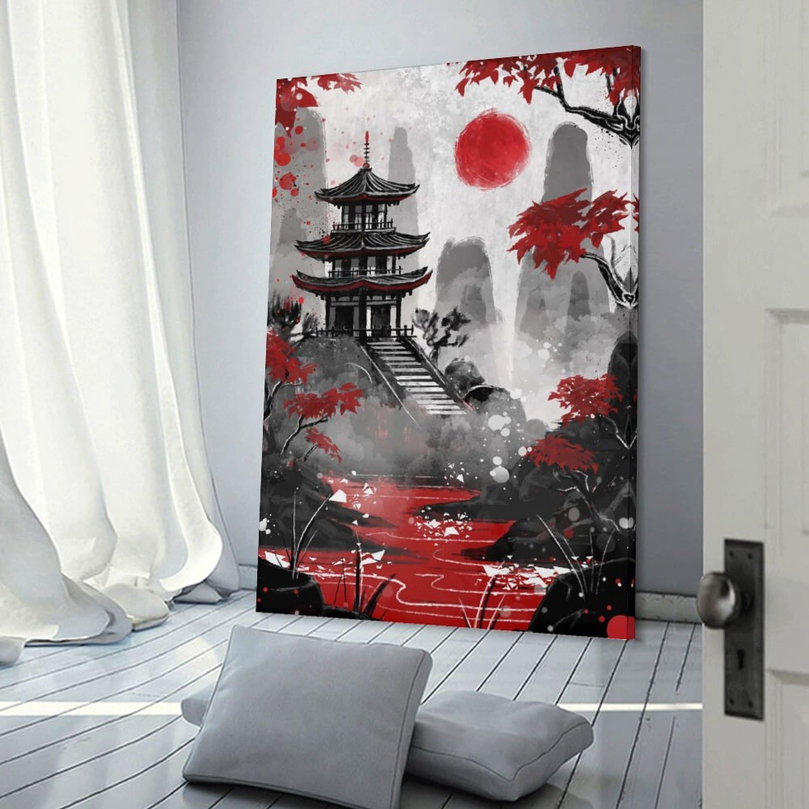 Junmoney Frame-Style-1 Japanese Pagoda With Red Sun Hanging Wall Art, 20X30inch(50X75cm), For Bedroom Walls, Guest Spaces Or Lounges, An Easy Wall Refresh For Bedrooms