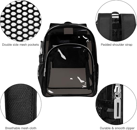 Clear Backpack Heavy Duty Transparent Backpack for Security Travel Work (Black)