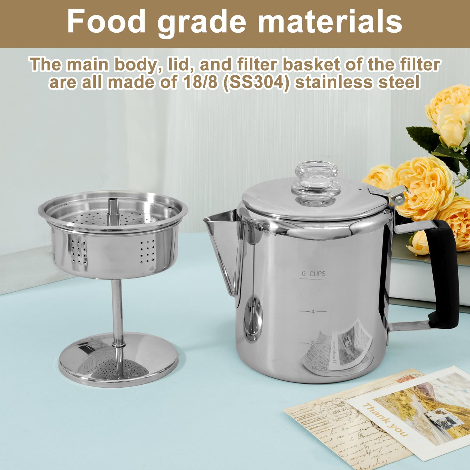 GWCYMYD Edelstahl Perkolator 6 Tassen - Camping Kaffeekanne Mit Klappbarem Griff