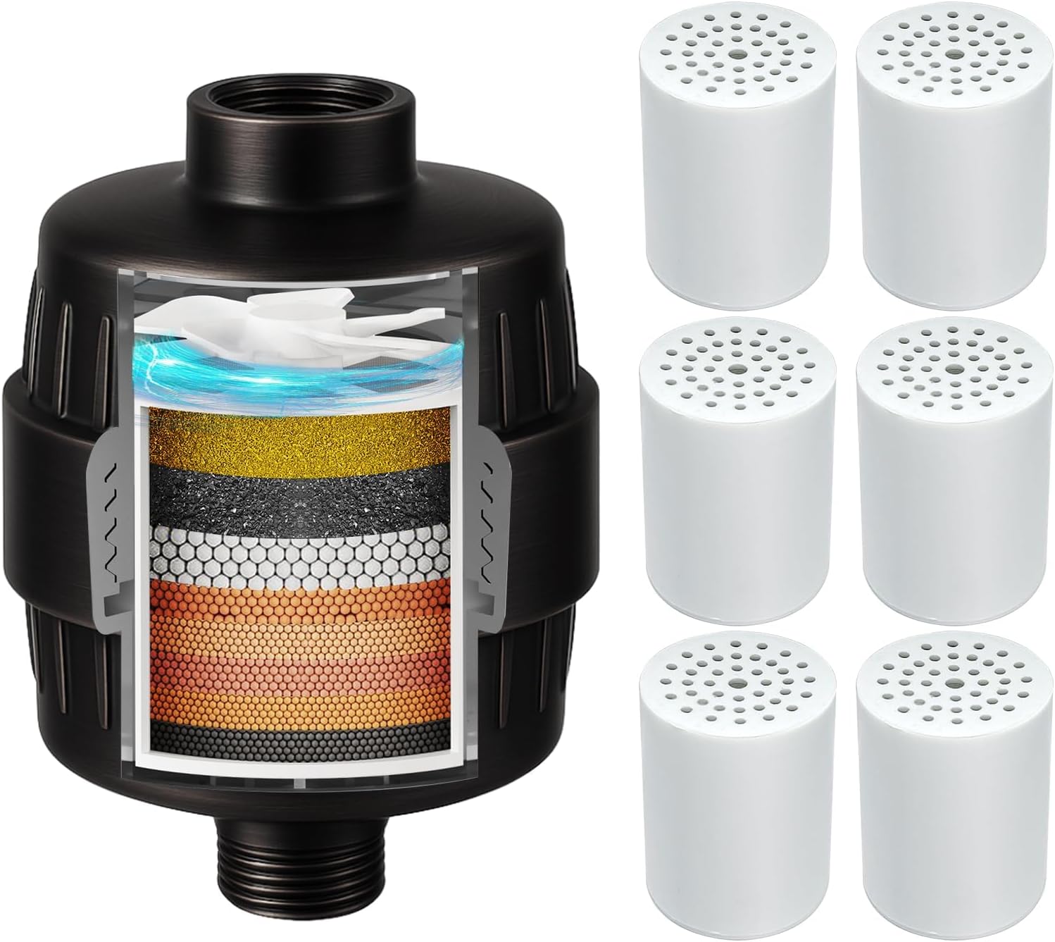 Yodel Oil Rubbed Bronze Shower Filter with 6 Cartridge - Hard Water Softener, 99% Removes Chlorine & Impurities, Improves Skin & Hair Condition, Universal Fit for Shower Heads