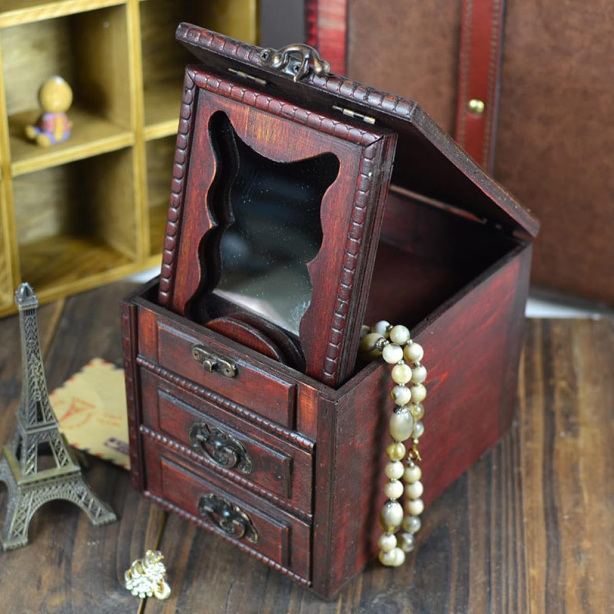 ARTIBETTER Vintage Wood Jewelry Box with Mirror Retro Jewelry Organizer Drawer Case Container for Women’s Bedroom Décor image 4