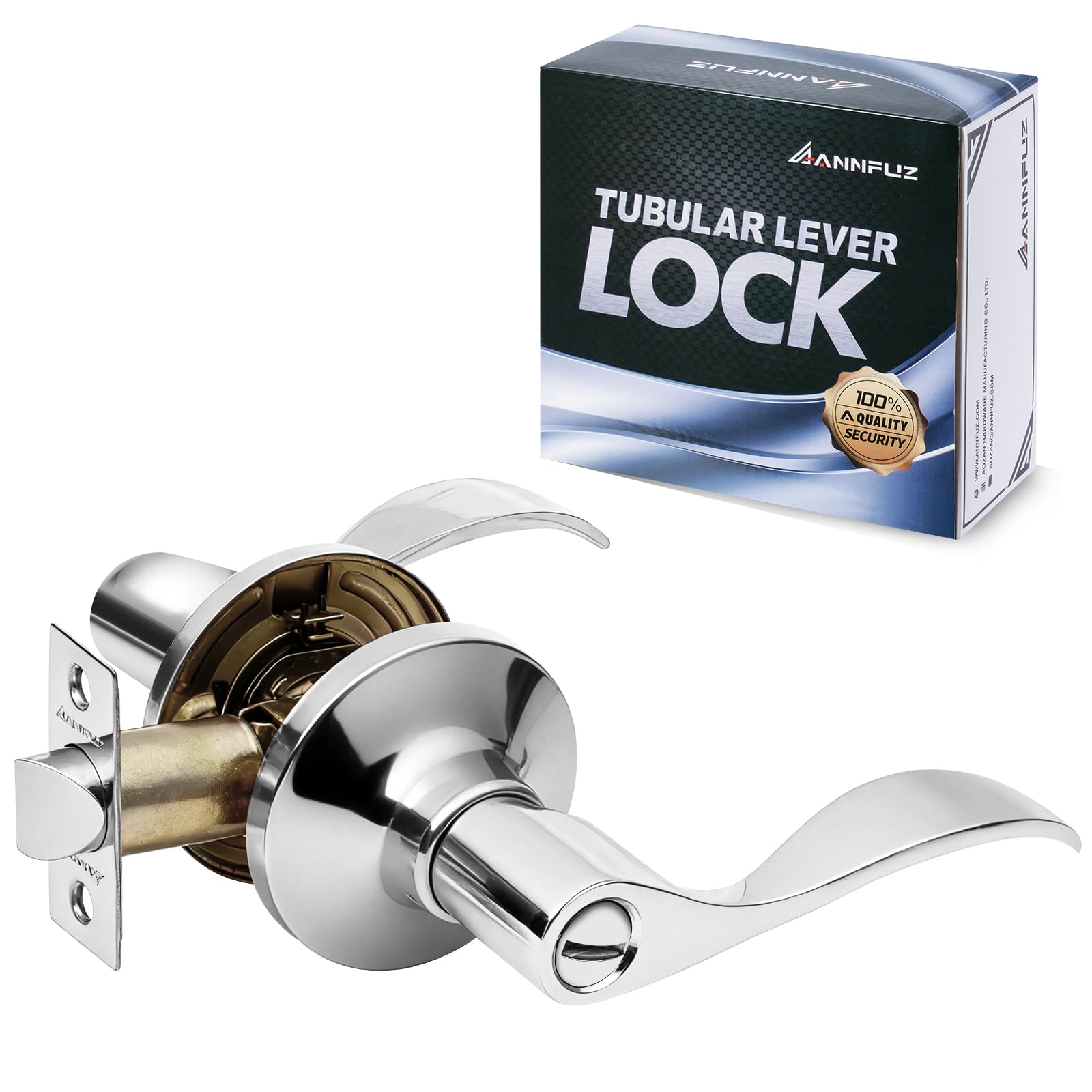 Annfuz Bright Chrome Privacy Door Handle Without Key,Interior Door Lever With Emergency Access,Reversible Keyless Lever For Right & Left Side,Perfect For Bathroom,Bedroom,Restroom (Privacy, )