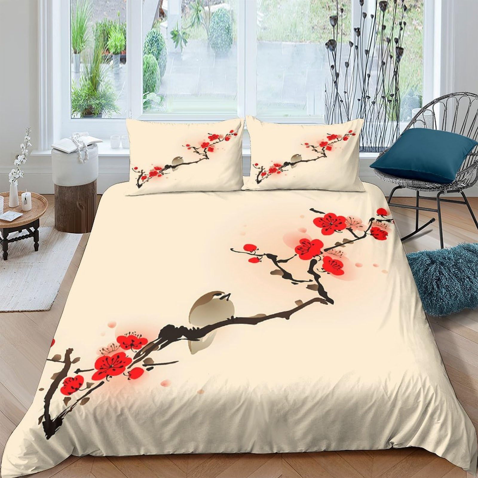 Ctjqhvkz Style-7 3D Printed Plum Blossom Fitted Sheet Microfiber Soft Breathable Branch Bird Mattress Cover For Bedroom Guest Room Decor Single（135X200cm）
