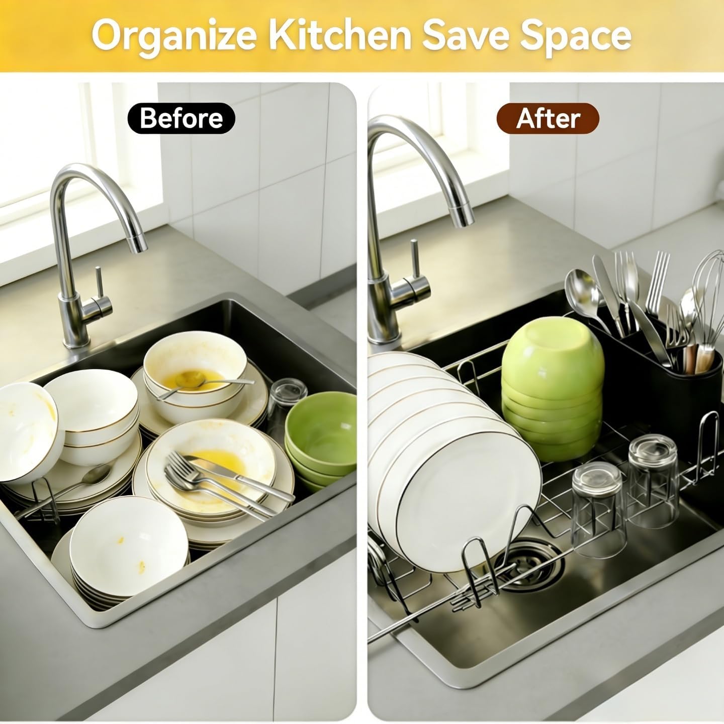 Dish Drying Rack in Sink & Over The Sink, Expandable Stainless Steel Dish Drainers for Kitchen Counter, Inside Sink Dish Dryer Rack with Utensil Holder, Rust-Resistant, Silver