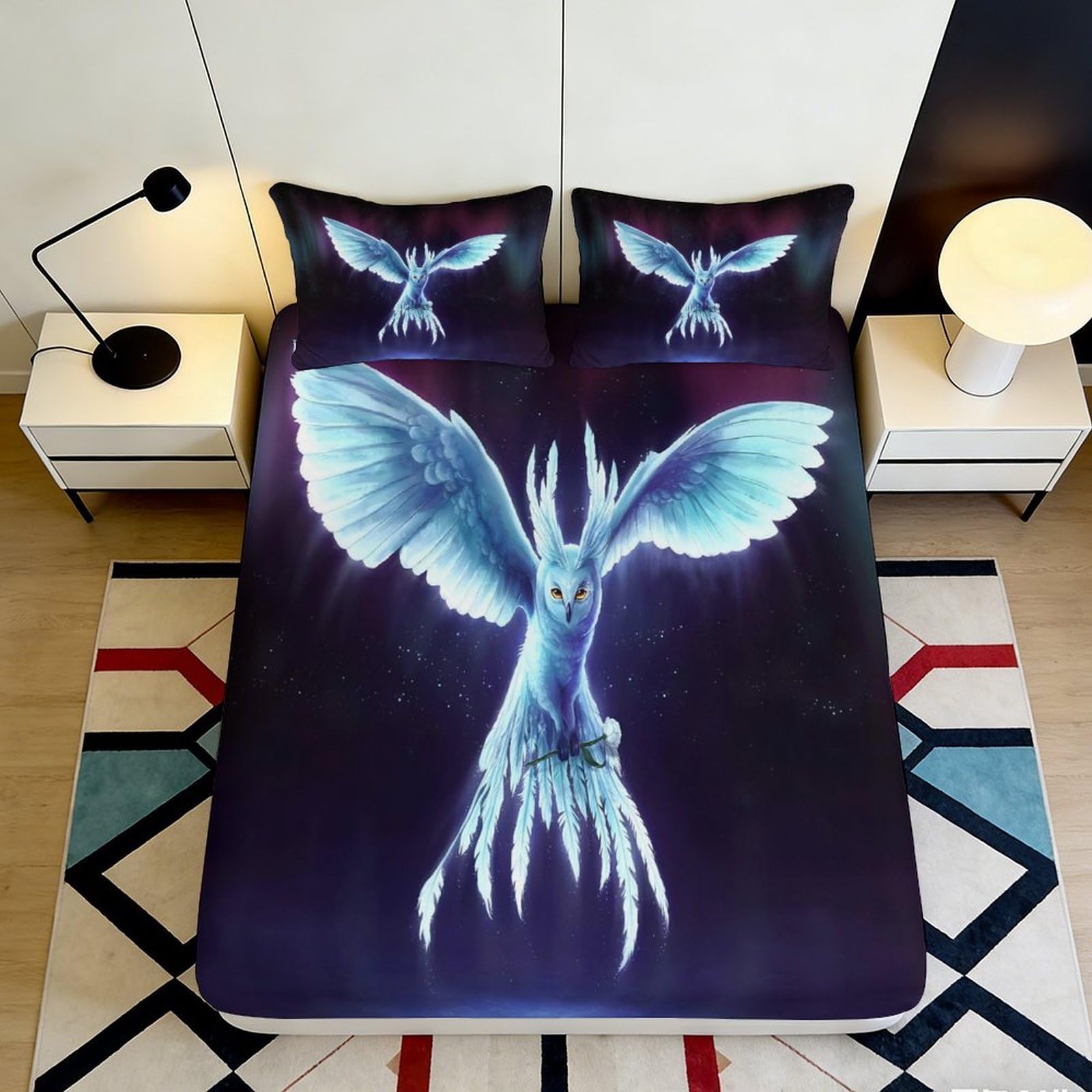 3D Printed Mystic Owl Fitted Sheet Microfiber Deep Blue Fantasy Sky Mattress Cover for Bedroom Dorm Bed Decor 90x200x25cm