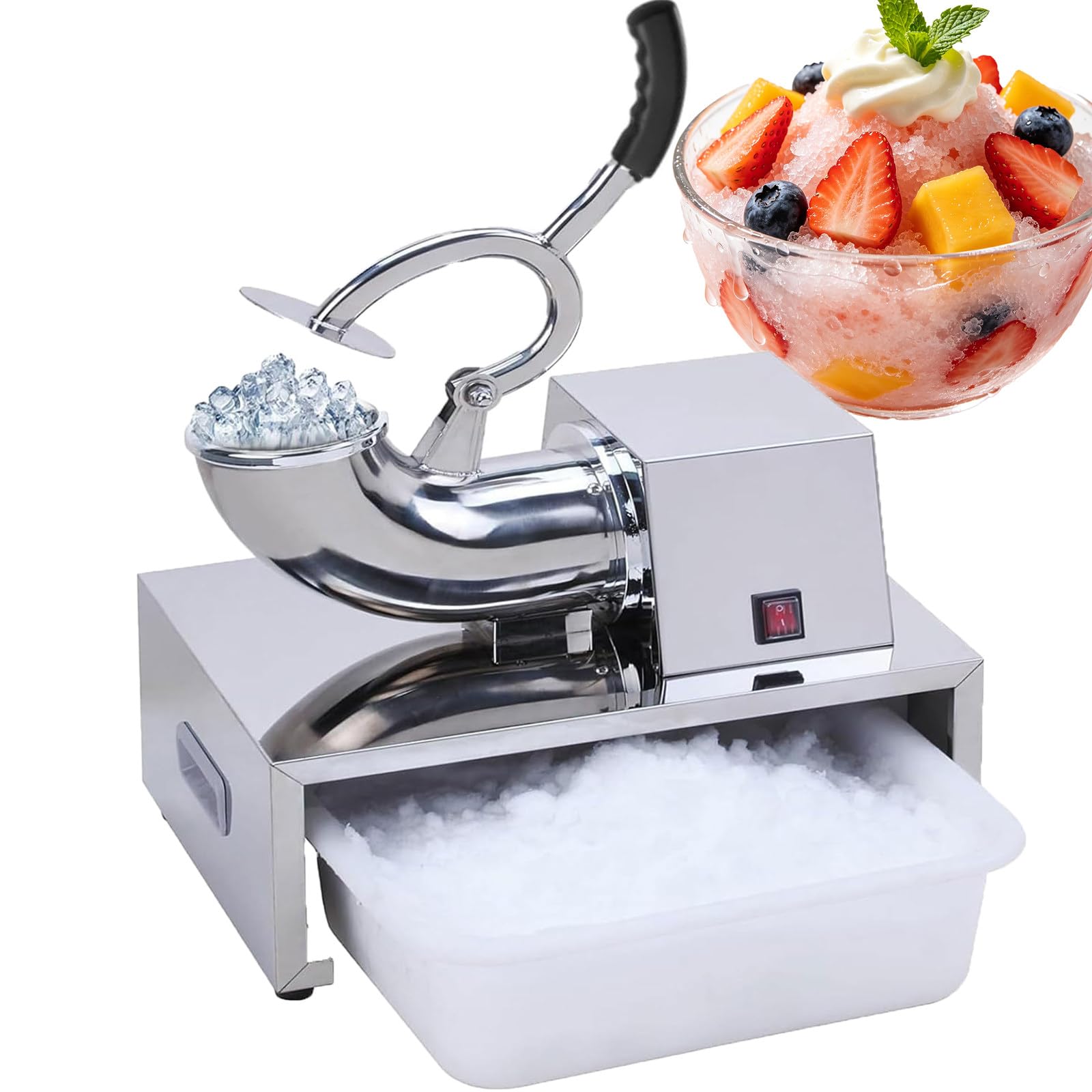 MiyKom Electric Ice Crusher Speed 850 RPM, Stainless Steel Electric Ice Crusher Machine 300W, Snow Cone Maker with Large Drawer Box for Shaved Ice Smoothies and Desserts