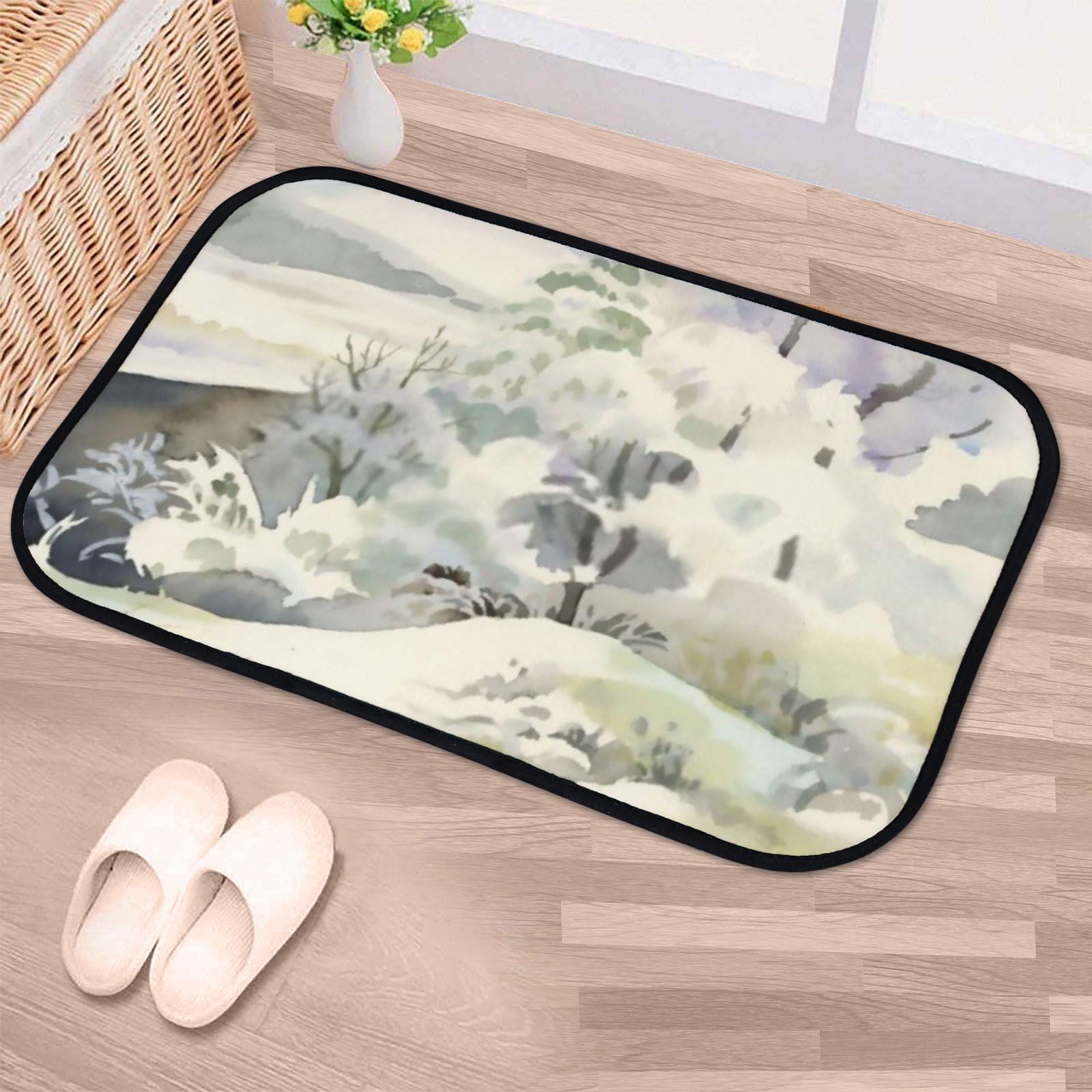 Nuansexi Bathroom Rugs Watercolor Winter Landscape Floor Mats Non Slip Bathmat Doormat Tub Mat Coral Velvet Absorbent Entrance Carpet Mats Machine Washable Bedroom Decor