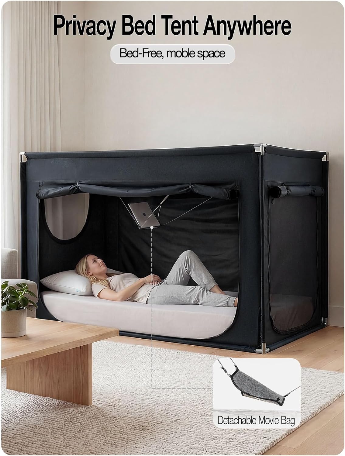 ANC POP Portable Bed Tent, Blackout Privacy Canopy with 3 Doors & Breathable Mesh, Large Space for Adults, Indoor Sleeping Shelter for Dorms/Shared Rooms