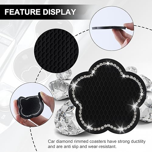 Miniatura 3 de GaRhomxy Posavasos para automóvil, 2 posavasos universales antideslizantes con brillantes, portavasos de PVC en forma de flor, portavasos de