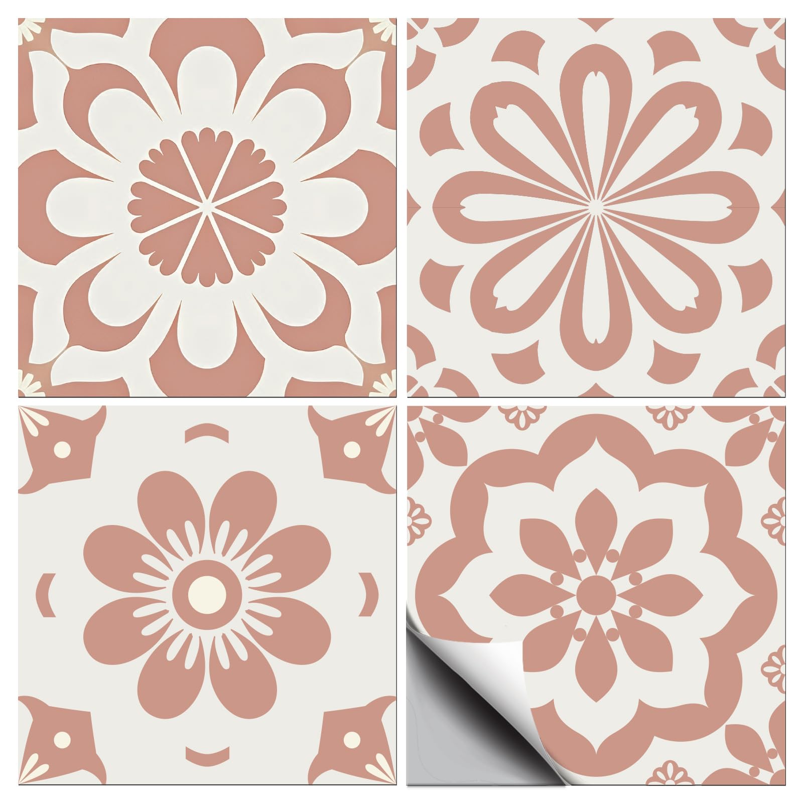 CHGCRAFT 36 Pcs 4 Styles Pink Simple Geometric Floral Tile Stickers Peel and Stick Waterproof Self Adhesive Wall Decals, for Kitchen Bathroom Wall Home Decor 4x4 Inch