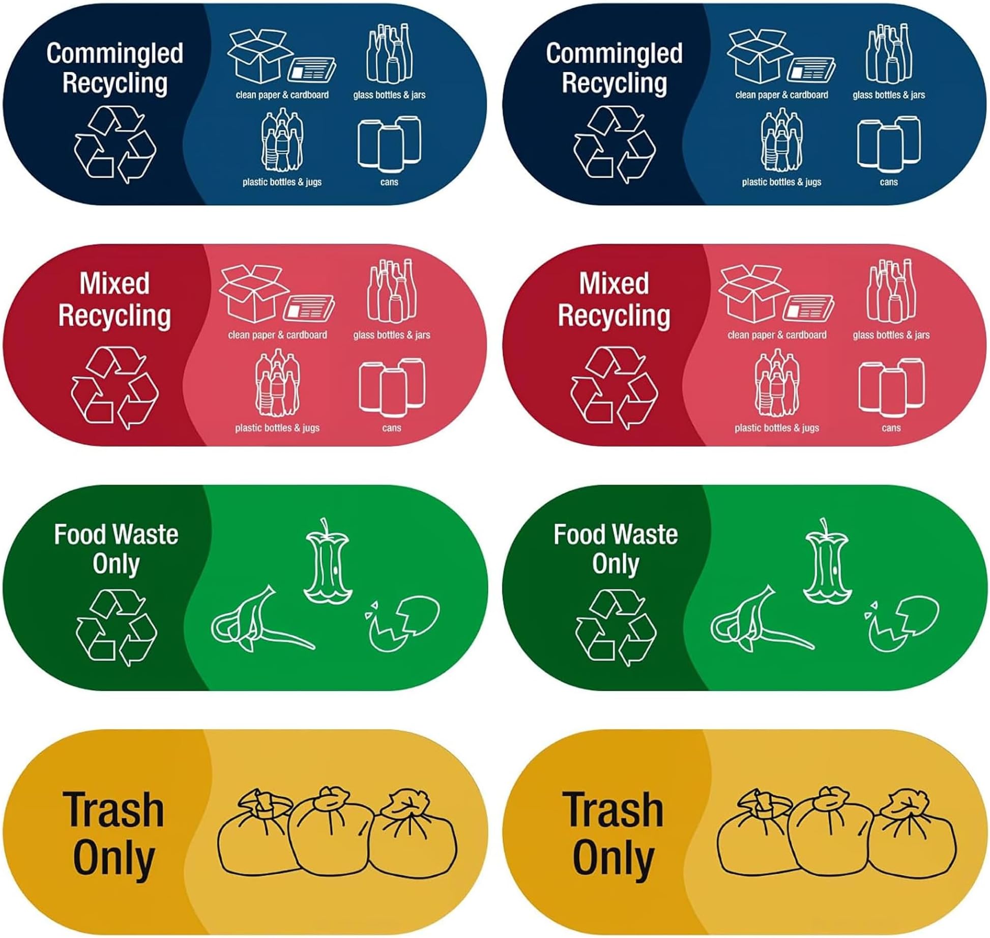 Bin Stickers, Bin Labels, Recycling Stickers for Bins - Self Adhesive PVC - Pack of 8 Signs - General Waste and Recycling - 22.86cm x 9.53cm - Blue/Green/Red/Yellow