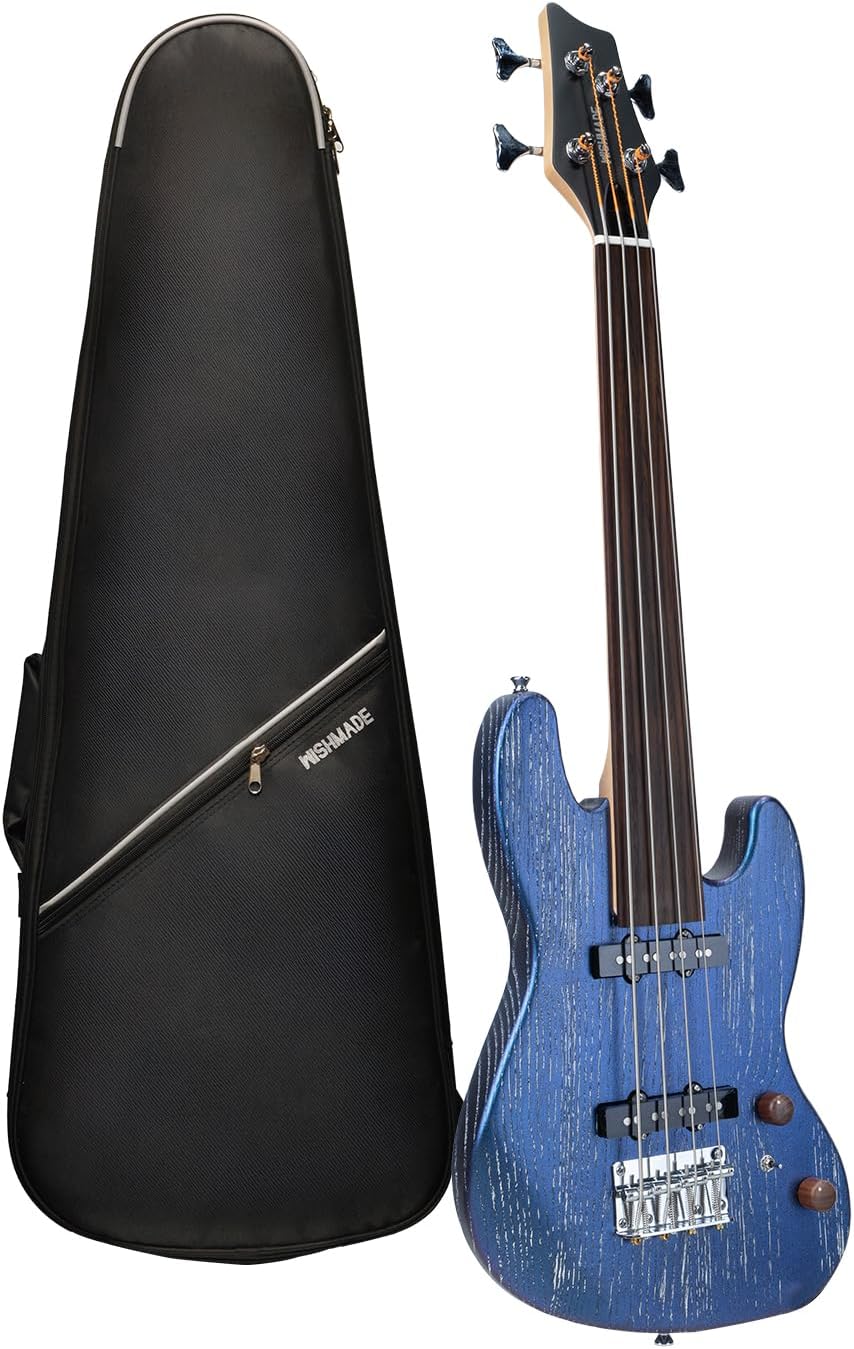 WishMade 36 Inch Electric Bass Guitar Fretless Travel Bass Guitar,Portable Small Size Guitar with Gigbag,Maple Neck(4 String Natural)