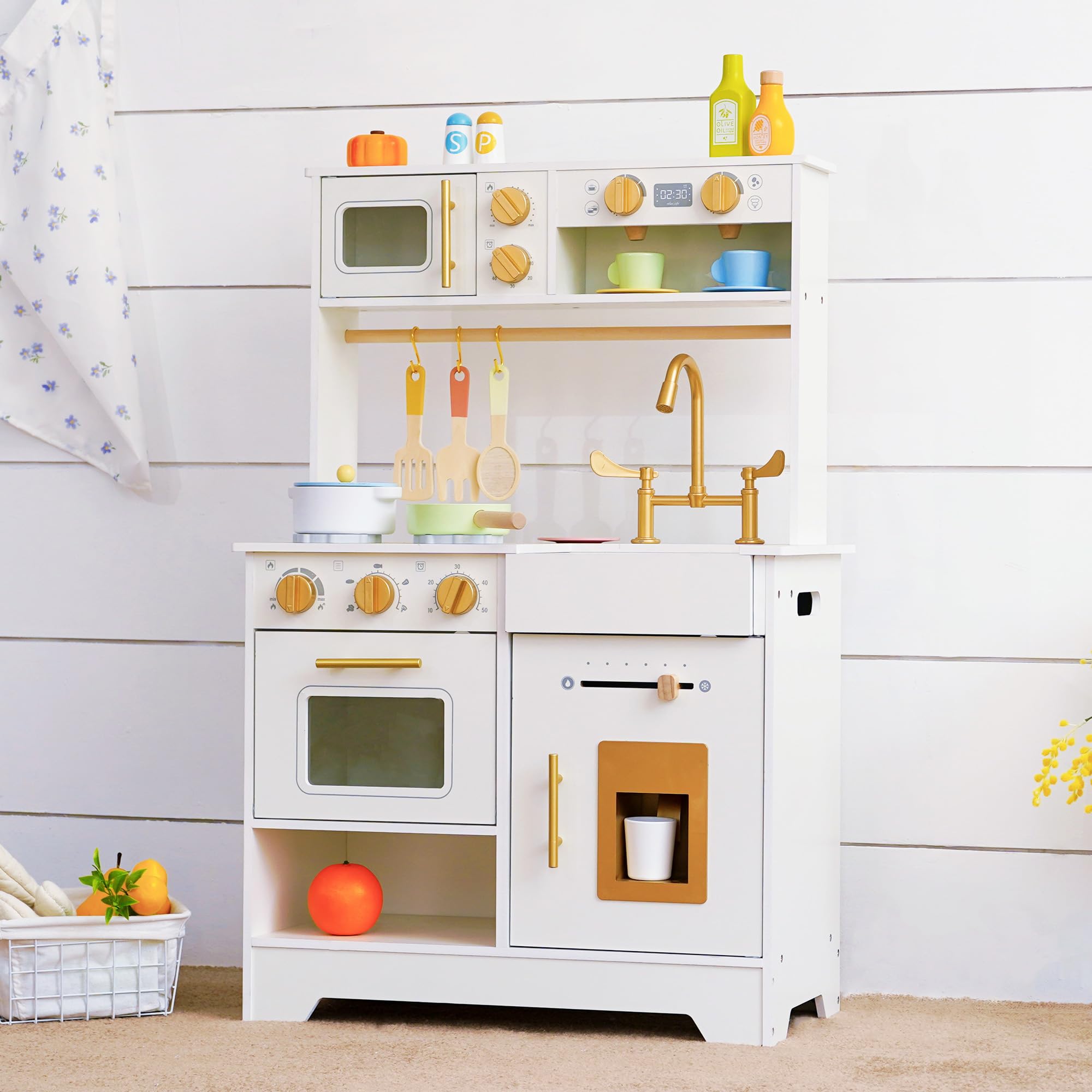 Cuisine Enfant en Bois avec Distributeur Glaçons, Ustensiles et Rangements | Accessoires Inclus évier, plaques de Cuisson, Micro-Ondes, Cuisine Blanche idéale pour Les Tout-Petits dès 3 Ans