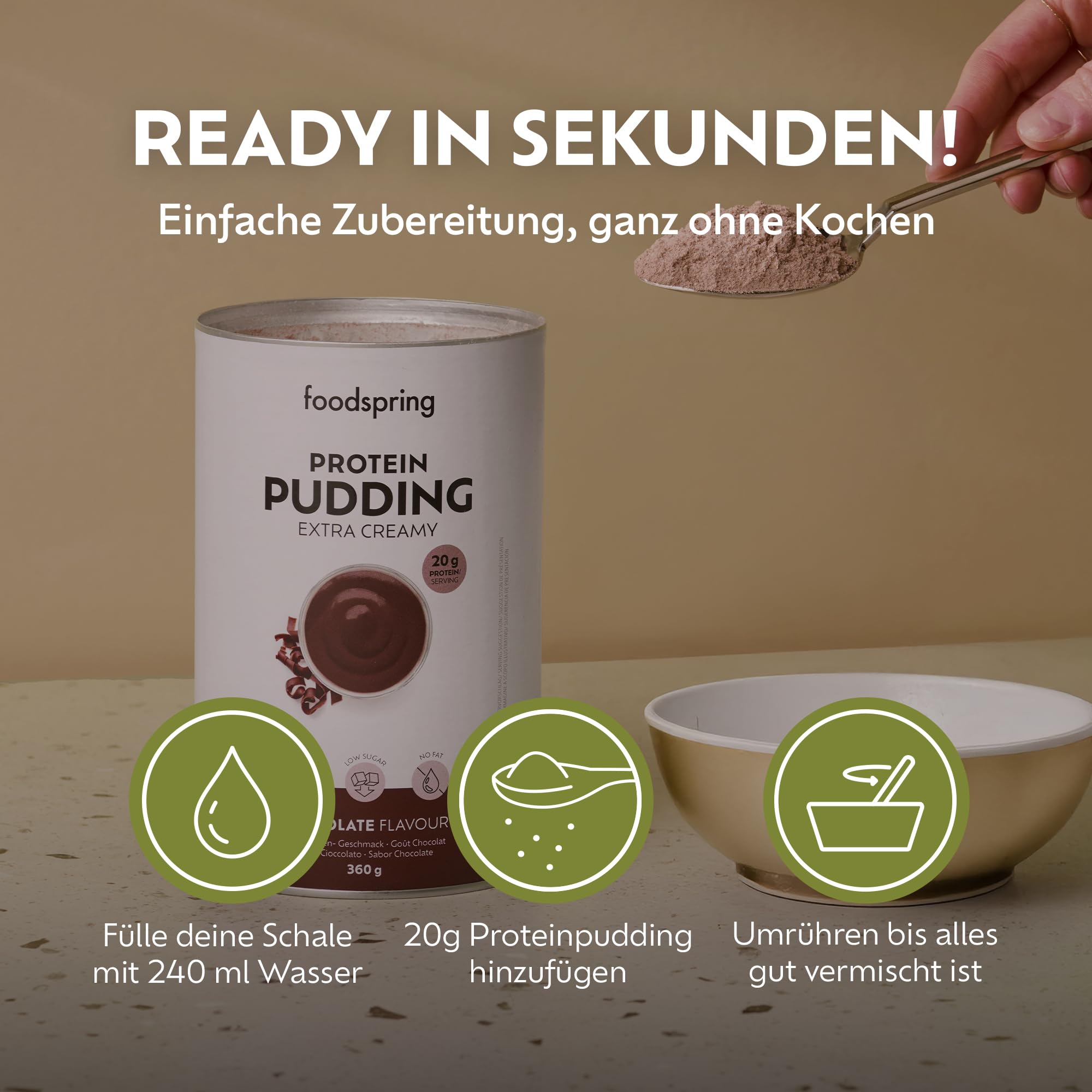 foodspring - Protein Pudding Schokogeschmack 360 g - Proteinreiches Puddingpulver zum Anrühren mit Wasser oder Milch - Dessert zuckerarm & fettarm mit Milchproteinisolat - Extra cremige Konsistenz