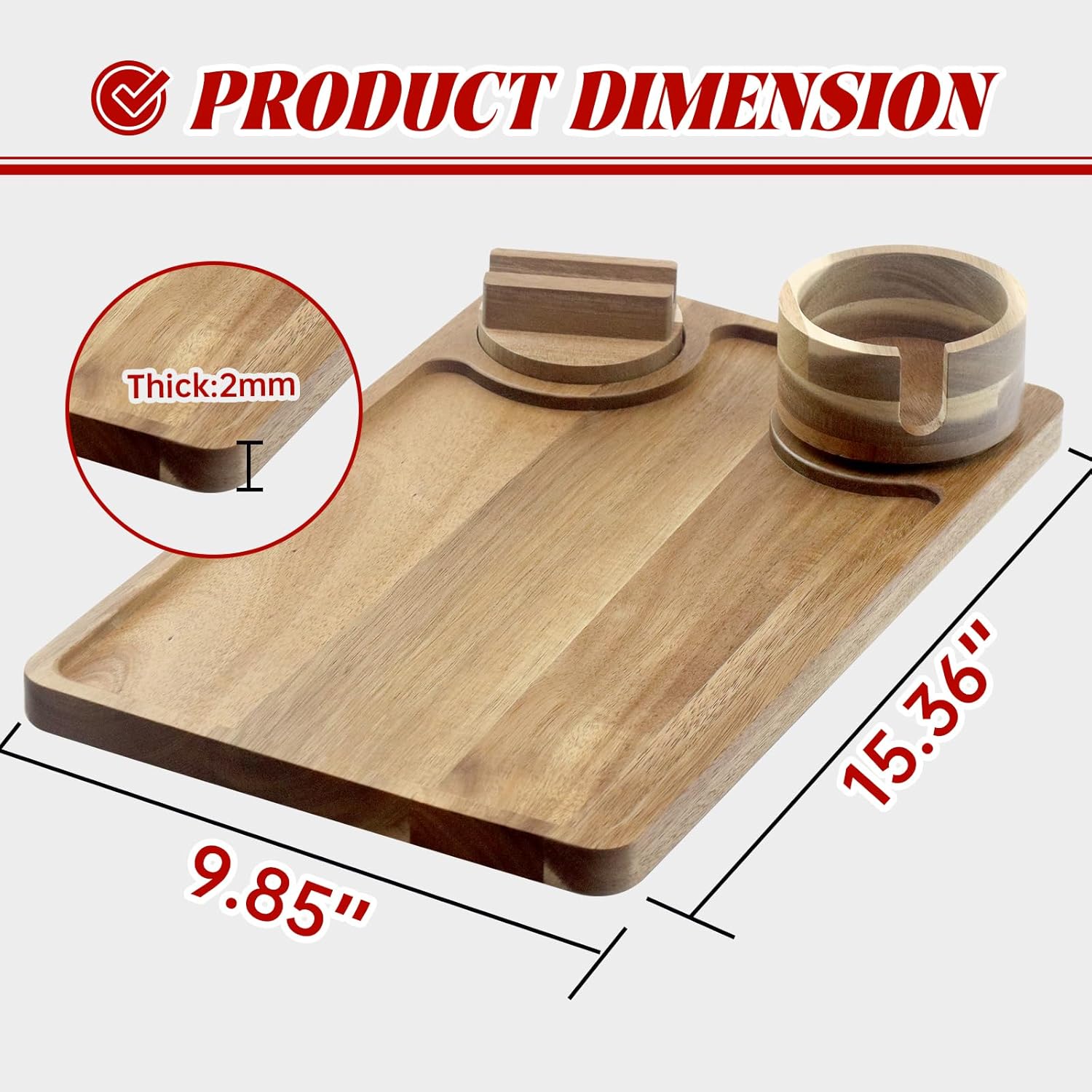 Couch Arm Table, Acacia Wood Sofa Arm Tray Clip on Couch Arm with 360°Rotated Phone Stand Drink Holer on Armrest