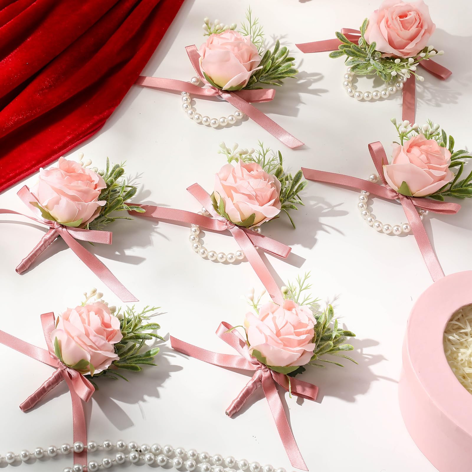 XunYee Set di 24 corsetti da polso e fiore all'occhiello con rose, da uomo, con cinturino da polso artificiale, per balli di fine anno, decorazioni per matrimoni, sposa, sposo, abiti da ballo (rosa)