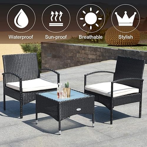 Miniatura 5 de HAPPYGRILL 3PCS Patio Furniture Set Rattan Wicker Bistro Set with Glass Coffee Table & Soft Cushions for Balcony Garden Poolside