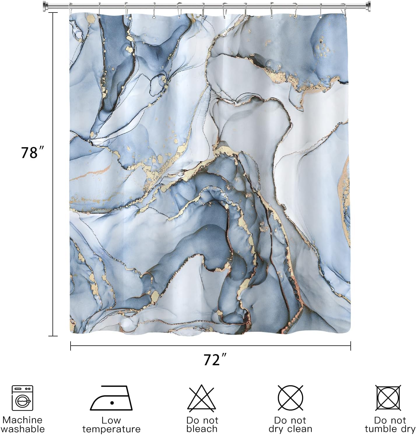 Long Shower Curtain 72 x 78 Inch, Tall Abstract Marble for Bathroom, Light Blue Gold Modern Luxury Art Decor Ink Texture Fabric Shower Curtain Set with Hooks