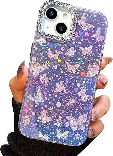 Miniatura 26 de I-MGAE-IN-AR - Funda diseñada para iPhone 12 y 12 Pro, diseño de mariposa plateada brillante, funda protectora de poliuretano termoplástico, suave,