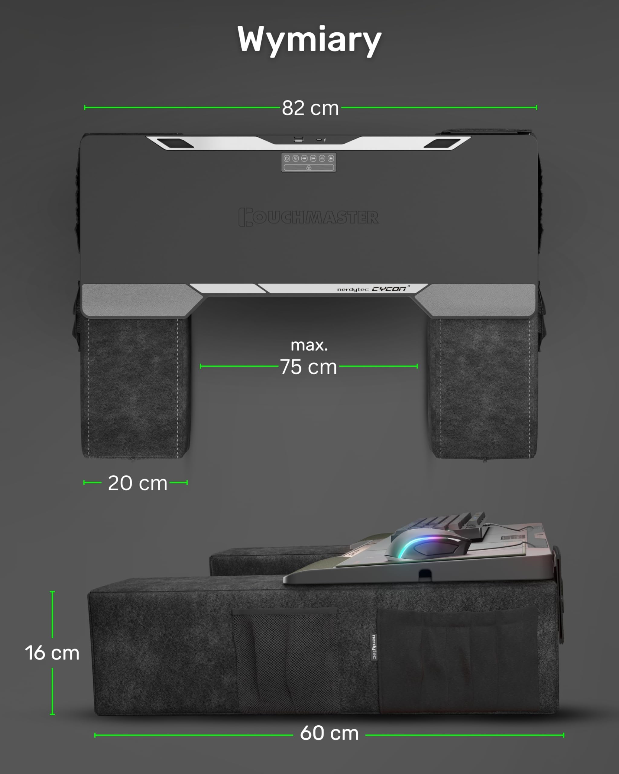 Couchmaster CYCON³ Czarny z HORIZONLIGHT – Ergonomiczny Gaming Lapdesk do kanapy i łóżka – Lapboard z koncentratorem USB – Duży i stabilny (PC, PS4/5, Xbox One/Series X, laptopy)