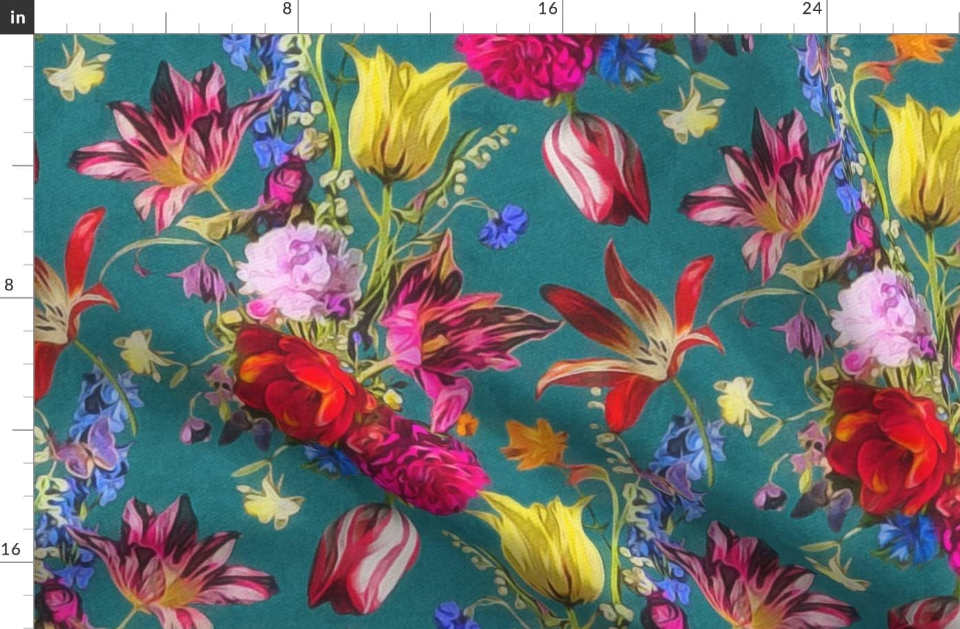 Spoonflower Fabric - Bright Maximalist Floral Chintz Teal Flowers Vintage Printed on Organic Cotton Sateen Fabric by The Yard - Sewing Quilting Apparel Home Decor