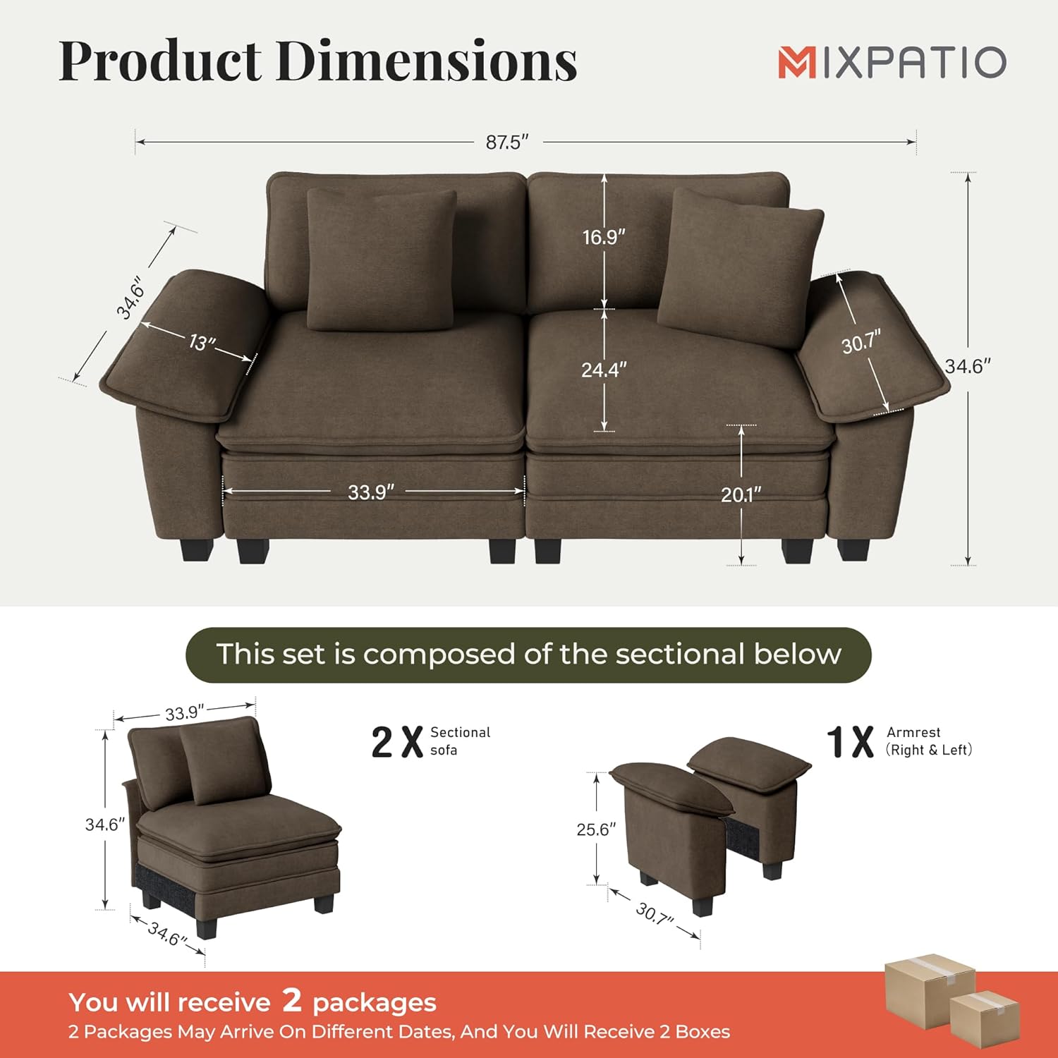 MIXPATIO 87" Cloud Modular Sectional Loveseat, 2-Seater w/Deep Seat & Removable Arms, Plush Chenille for Small Living Room & Apartment - Taupe
