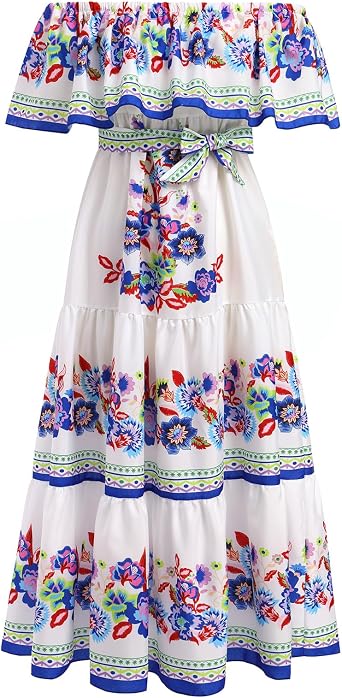 ABEHIK Women Mexican Dress Off Shoulder Floral Summer Casual Long Maxi Dress Beach Party Cinco de Mayo Dresses with Belt