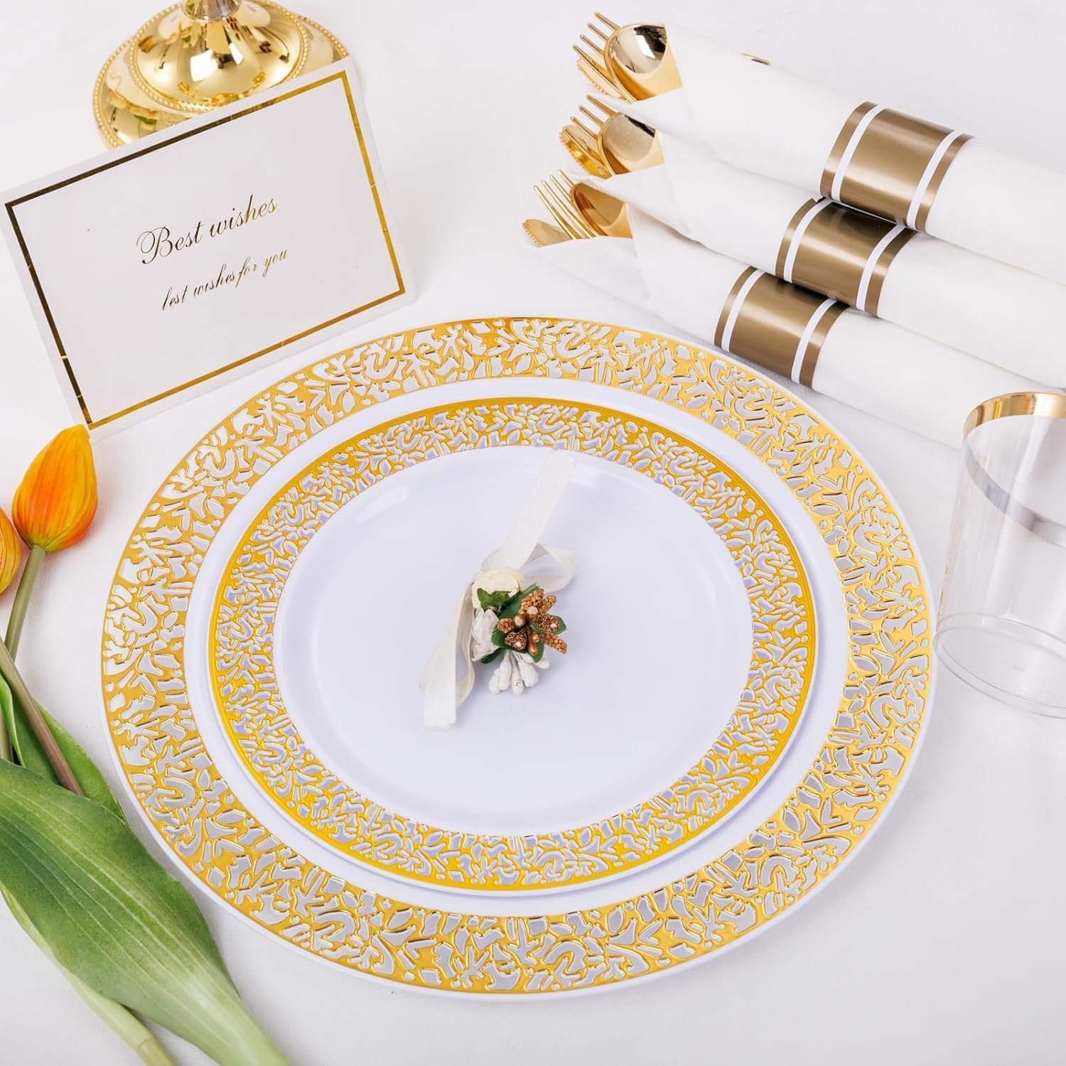 WELLIFE 50 Guests Dinnerware Sets, Gold Plastic Plates,Platos Para Fiestas Elegantes Desechables Include:50 Dinner Plates, 50 Dessert Plate, 150 Pcs Gold Plastic Silverware, 50 Cups for Party - Image 3