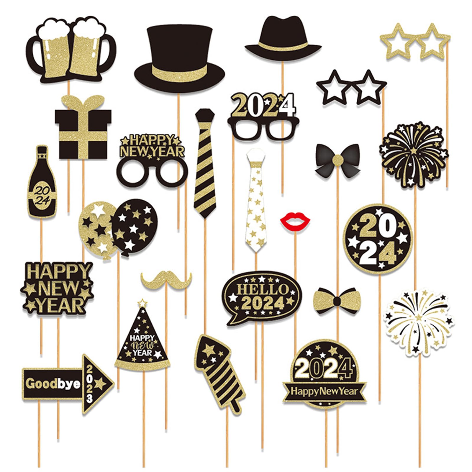 2024 New Year's Eve Photo Booth Props Black Gold DIY Happy New Year Selfie Props Party Decoration Glitter Glasses Hat Photo Props for Kids Adults New Years Eve Photo Booth Props Party Supplies (25PCS)