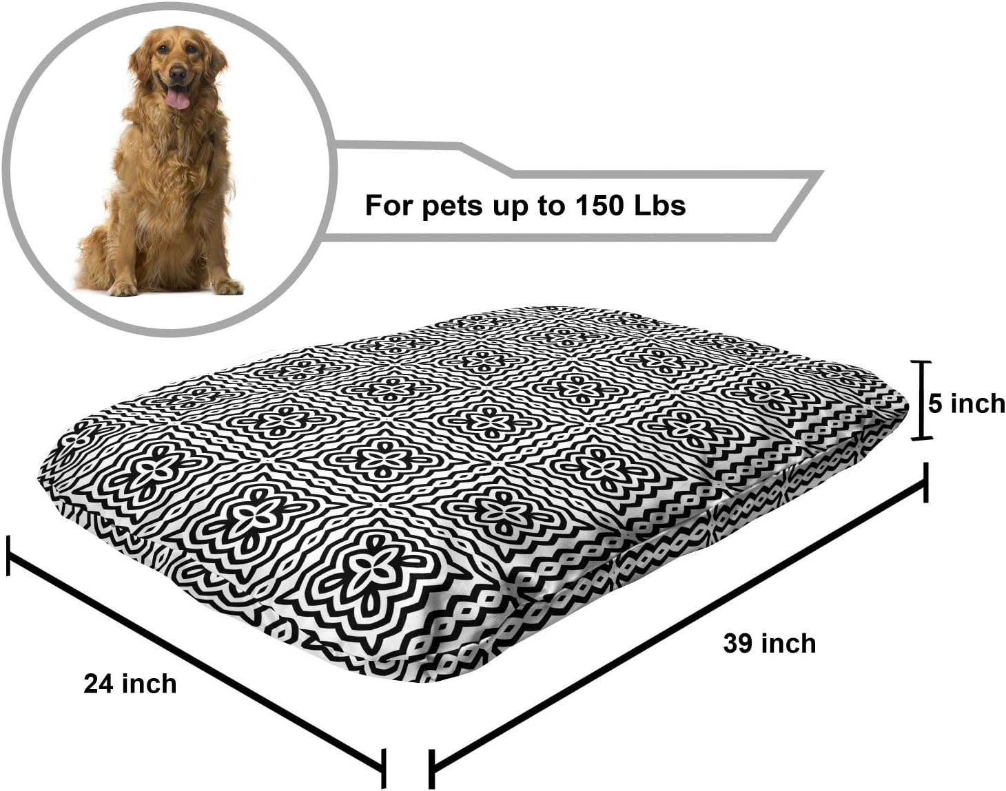 review Ambesonne Black and White Pet Bed, Monochrome Abstract Floral Repeating Motifs in Square Shape with Waves, Chew Resistant Pad for Dogs and Cats Cushion with Removable Cover, 24