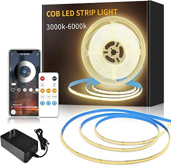16.4ft COB LED Light Strip 3000K Warm White Dimmable DC 24V | Flexible LED Tape Light for Bedroom, with Remote and app Control LED Strip Lights ,for DIY Decoration