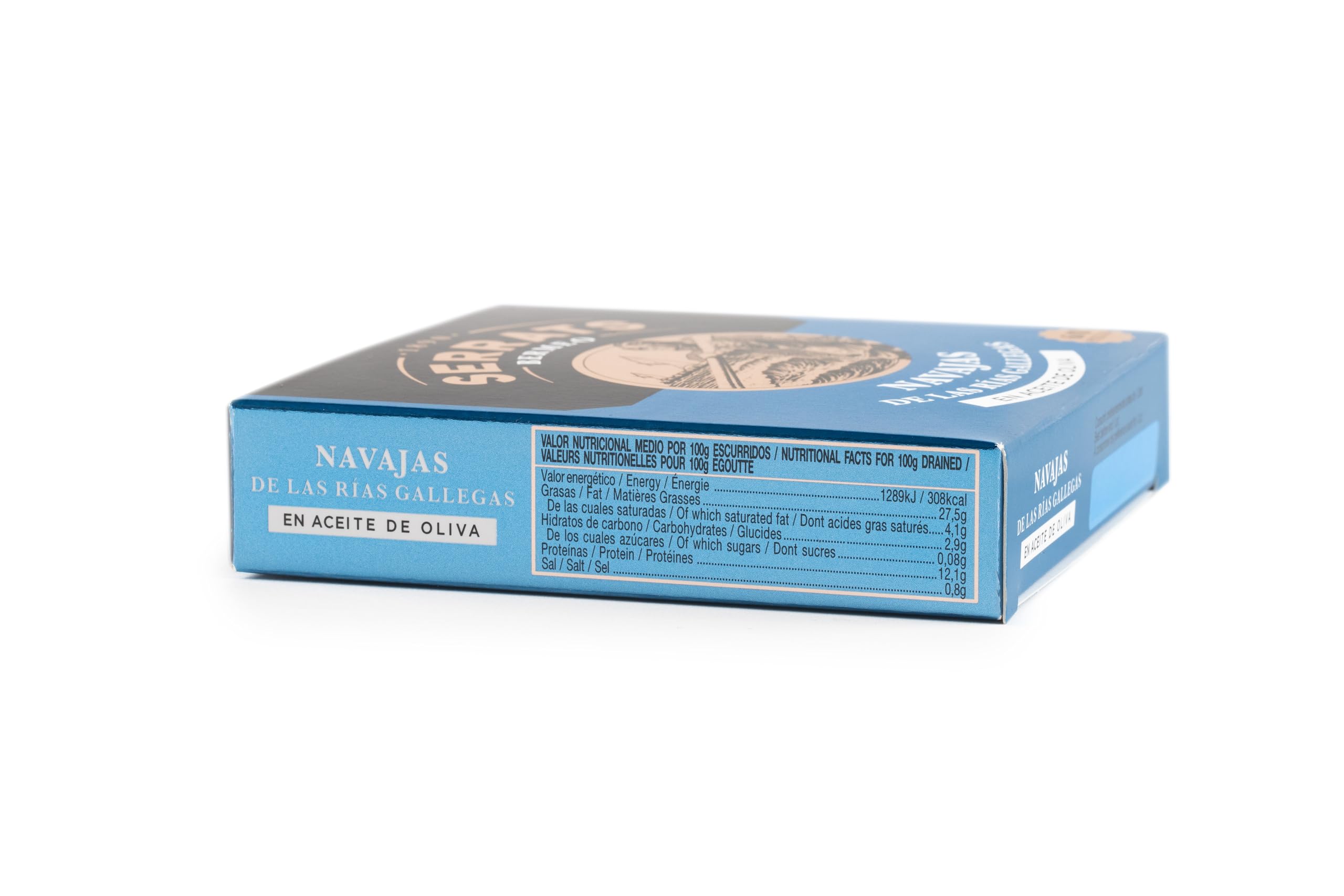 CONSERVAS SERRATS - Messermuscheln aus den Rías de Galicien in Premium Olivenöl - 8 Dosen x 110g (Gesamt: 880g) - Handwerkliche Herstellung seit 1890 - Glutenfrei - Reich an Omega 3 – Premium