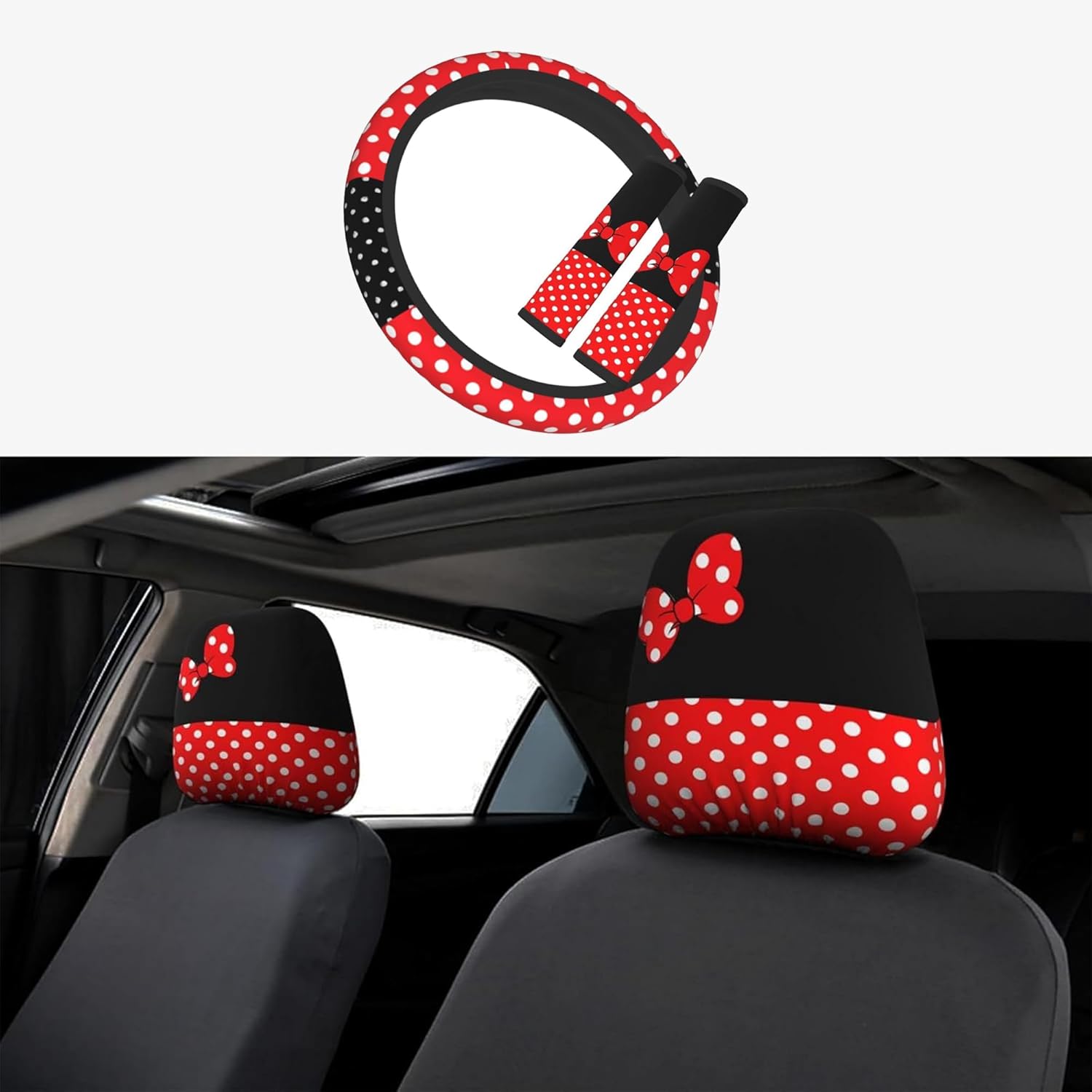 Cute Red Polka Dots Steering Wheel Cover with 2 Pack Car Seat Belt Covers and Car Seat Headrest Cover for Women