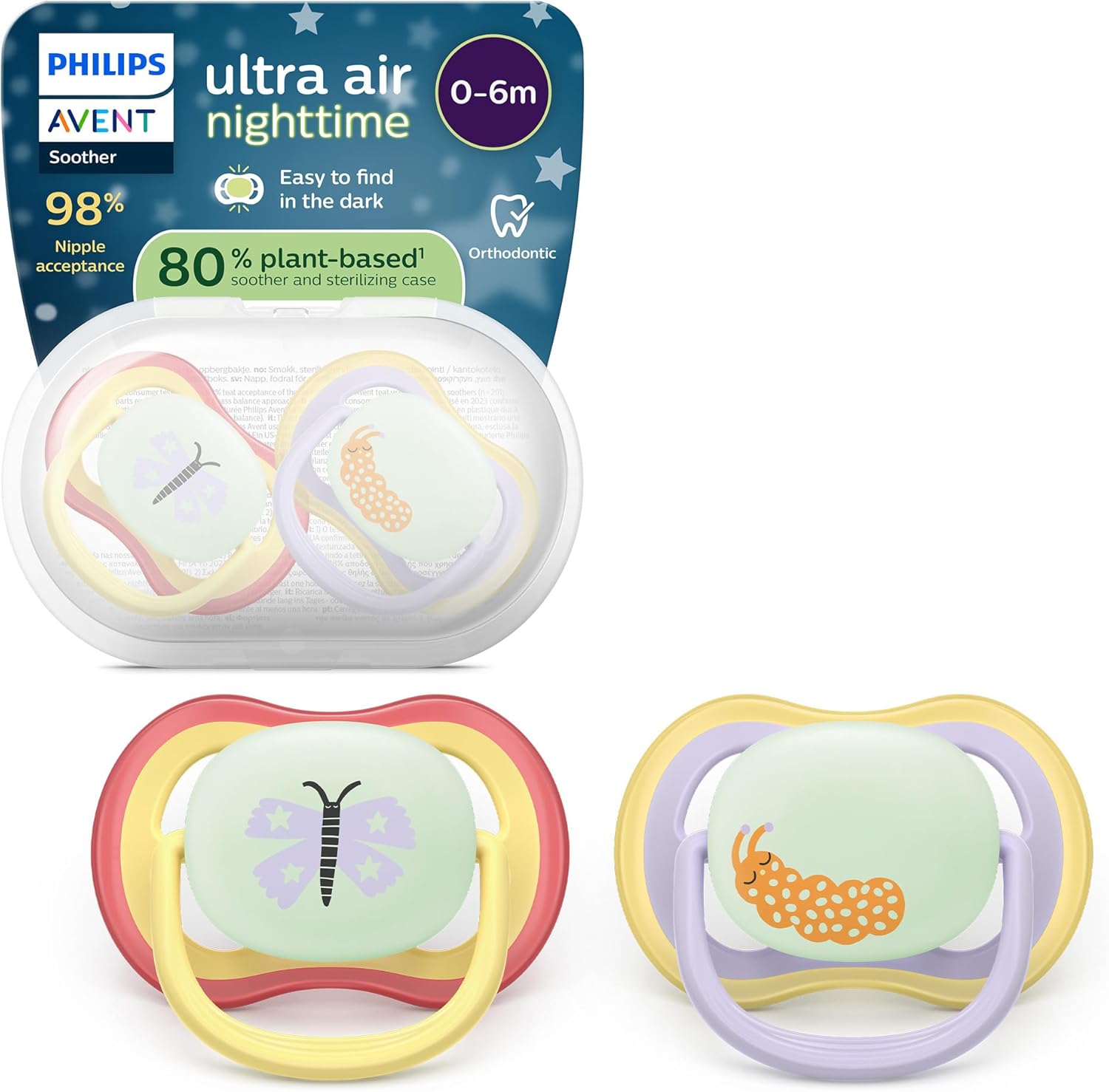 Philips Avent chupetes ultra air para la noche: diseño anatómico, para bebés de 0 a 6 meses, brillo en la oscuridad, tetina simétrica de silicona suave, sin BPA, paquete de 2, SCF376/25
