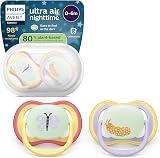 Philips Avent Sucettes de nuit ultra air - Tétines orthodontiques, pour bébés de 0 à 6 mois, phosphorescentes, en silicone souple d'origine végétale, sans BPA, lot de 2, SCF376/25 - 1