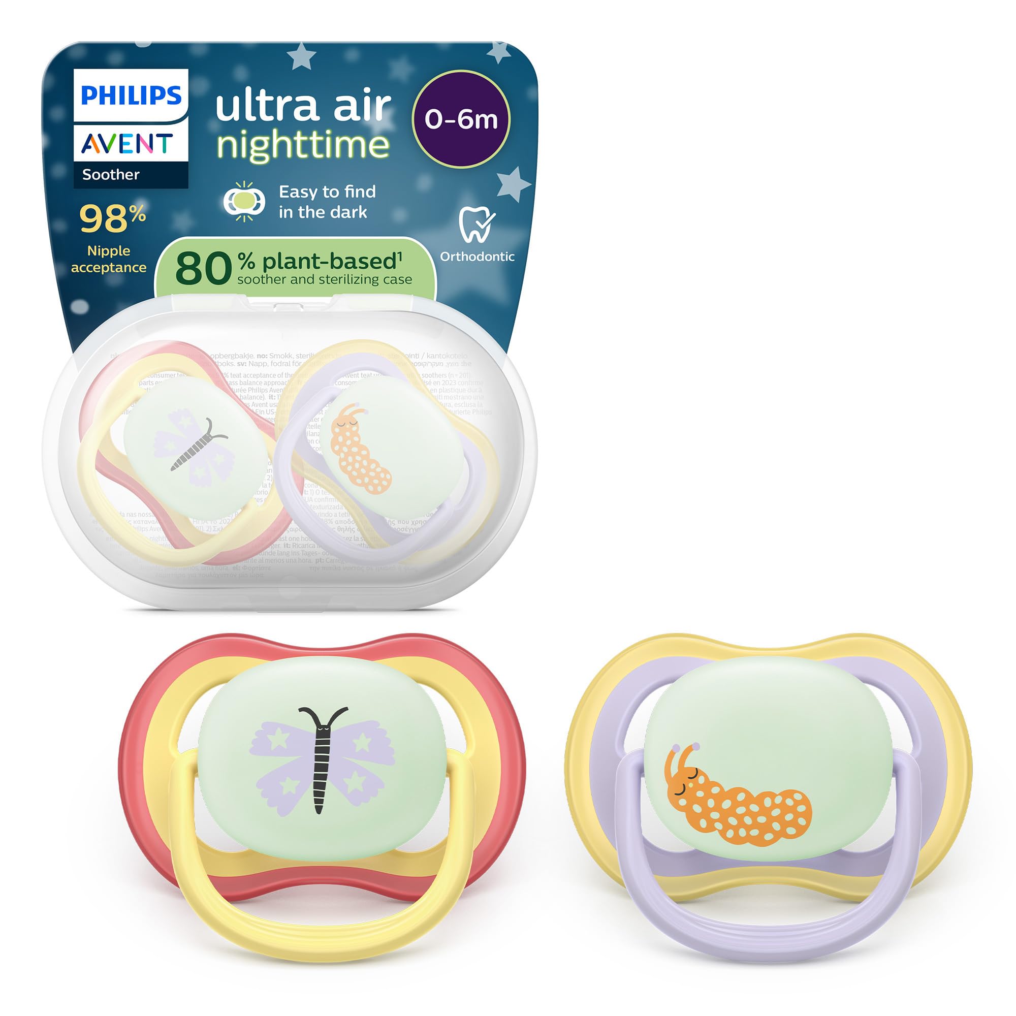 Philips Avent Ultra Air Nighttime Ciuccio - Design ortodontico, per neonati 0-6 mesi, fluorescente, tettarella simmetrica in morbido silicone, senza BPA, confezione da 2, SCF376/25