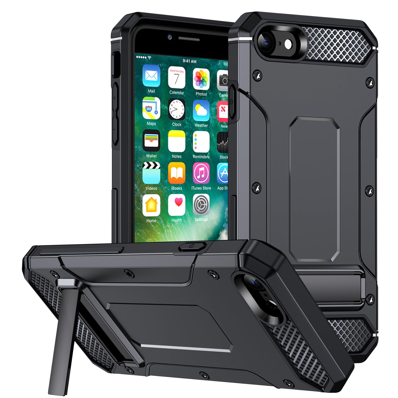 2NSPDRGNI Metal Kickstand Cover Compatible with iPhone 7 Plus/iPhone 8 Plus,Supports Wireless Charging,Shockproof Protective Armor Cover,Black