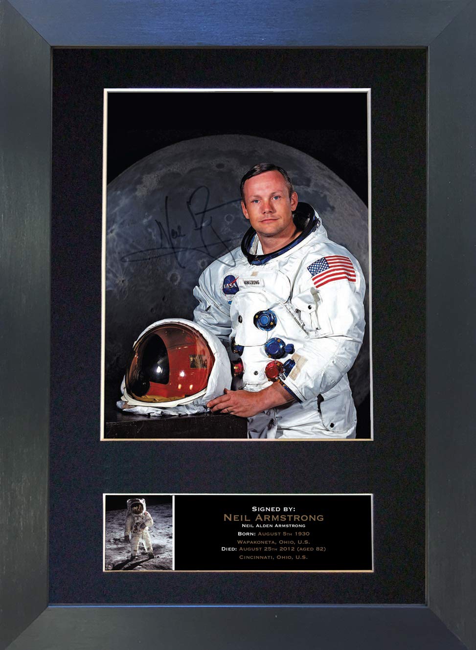 The Autograph Collector Gold,Black Neil Armstrong Signed Autograph Mounted Photo Reproduction Print A4 Rare (297 X 210Mm) #496 (Black Frame)