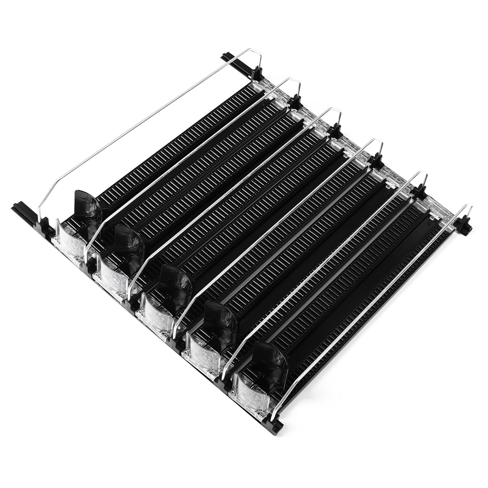 Dispensador de bebidas de refrigerador autocontrol, ajuste de ancho, refrescos a prueba de lluvia puede organizador de refrigerador, contiene latas y botellas, negro (5PCS)