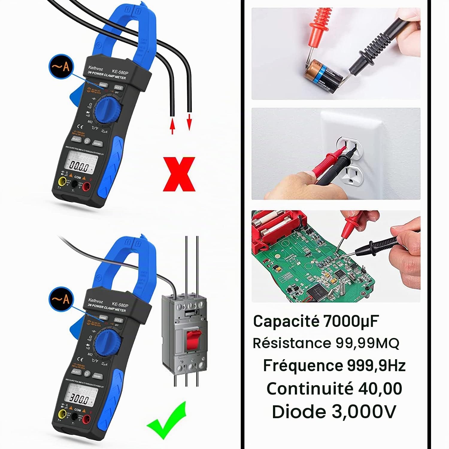 Kethvoz Multimetre Pince Amperemetre Triphasé, 1000A Amperemetrique 9999 points Testeur Electrique Mesure AC DC Courant Tension Ohm Test Facteur Puissance Angle Phase 580P