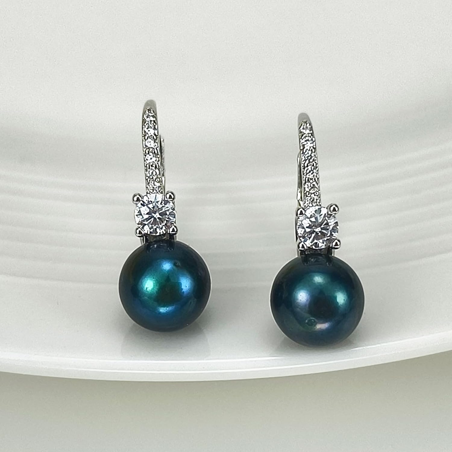 Pearl Drop Dangle Earrings 925 Sterling Silver Cubic Zirconia Leverback Earrings, 8MM Round White/Black/Blue Cultured Pearls Jewelry Gifts for Women Wife Mother - Image 7