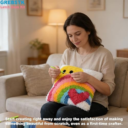Miniatura 8 de GREBSTK Kit de gancho de pestillo DIY funda de almohada de sofá, cojín de sofá, patrón de sol y arcoíris, punto de cruz pintado, 16x16 pulgadas