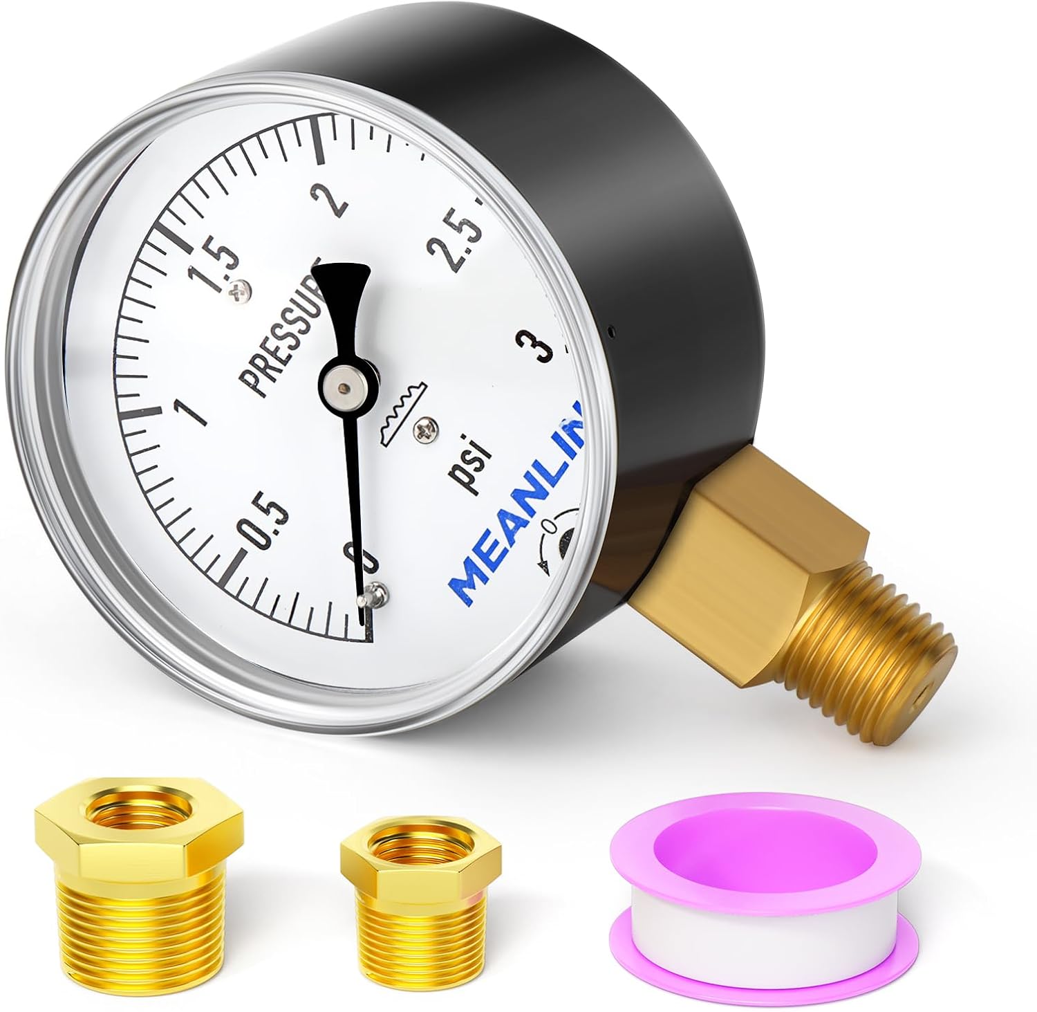 MEANLIN MEASURE 0-3Psi Diaphragm Type Capsule Low Pressure Gauge 1/4" NPT 2-1/3" FACE DIAL Adjustable Water Column Gauge, with 1/2" NPT and 3/8" NPT Hex Bushing, Lower Mount